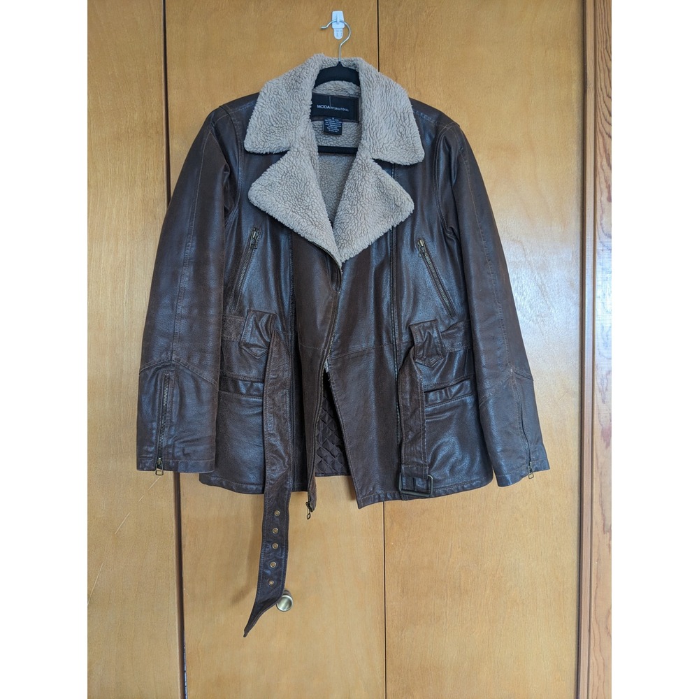 Vtg Y2K Moda International Victoria‎ Secret Brown Leather Sherpa Moto Jacket M